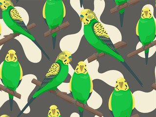 Obraz premium Vector parrots love seamless pattern. Cartoon cute colorful budgerigars sitting on branch. Talking bright budgie family on dark background. Creative style summer beach print