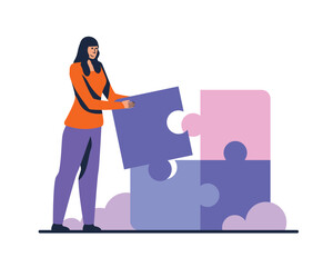 Cartoon girl putting last puzzle together. Character at work. Cooperation and partnership between coworkers. Support and successful teamwork in business. Vector