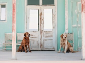 two dogs are lying on the porch. Little Jack Russell Terrier and a Nova Scotia Duck Tolling Retriever. Created with Generative AI technology.