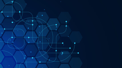 Abstract point and circle lines connection with hexagon shapes. Big data visualization, social networking, communication technology background design.