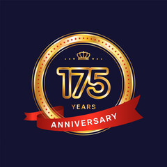 175 year anniversary logo with gold ring and red ribbon, vector template