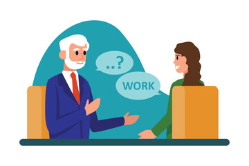 Cheerful cartoon girl interviewing elderly man for job. Process of selecting resumes and talking with candidates. Human resource management. Vector illustration