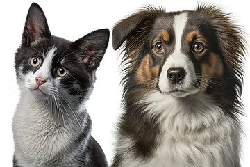 Cat and dog together isolated on white, hyperrealism, photorealism, photorealistic