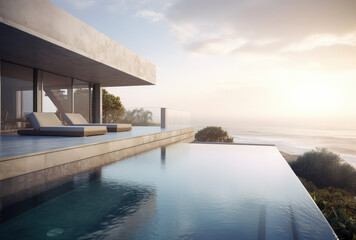 a modern pool and outdoor living space along the edge of the ocean, generative AI