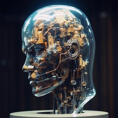 Cabeza de cristal de un robot humanoide con inteligencia artificial
