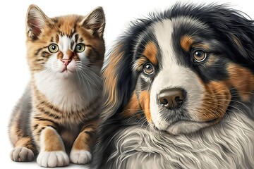 Cute dog and cat together on white background, hyperrealism, photorealism, photorealistic