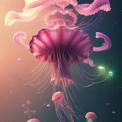 Jellyfish under water, bright abstract purple blue color, photorealistic illustration, Generative AI