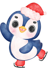 cute christmas penguin cartoon skating watercolor hand painting cartoon animal character