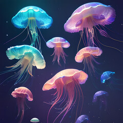 Jellyfish under water, bright abstract purple blue color, photorealistic illustration, Generative AI