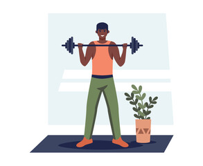Cartoon african young guy lifts barbell. Workout time. Active and healthy lifestyle. Yoga and fitness. Training indoor. Weightloss process. Vector illustration