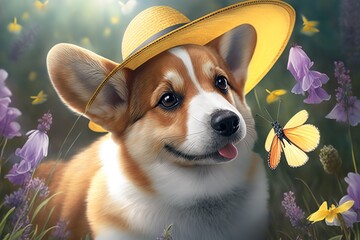 Cute corgi puppy in a panama hat catches butterflies with a net in a summer flowering meadow, hyperrealism, photorealism, photorealistic
