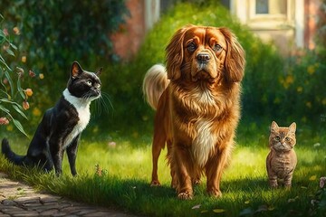 Cute dog watches as two lovers cats walk on the green grass on the sunny lawn in the summer garden, hyperrealism, photorealism, photorealistic