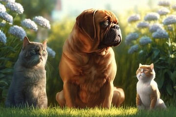 Cute dog watches as two lovers cats walk on the green grass on the sunny lawn in the summer garden, hyperrealism, photorealism, photorealistic