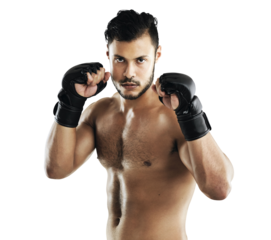 Isolated man, mma and fight in portrait with block, guard or training by transparent png background. Fighter guy, conflict or gloves for boxing club, punch or martial arts with fist, sport or fitness