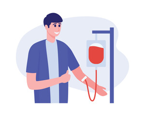 Cartoon smiling guy giving blood. People donating blood in hospital. Process of dealing with plasma donation in modern clinic. Charity and healthcare. Vector