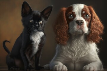 Portrait of a kitten Scottish Straight and dog Russian Spaniel