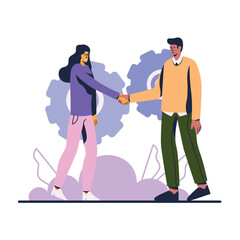 Cartoon smiling colleagues shaking hands with each other. People celebrating success at work. Support and teamwork. Career goal achievement. Getting promotion at work. Vector