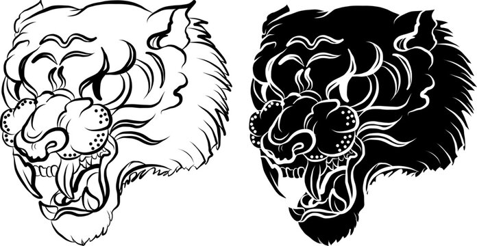 Tiger face sticker vector.Tiger head traditional tattoo.Tiger roaring.Traditional Chinese culture for sticker.