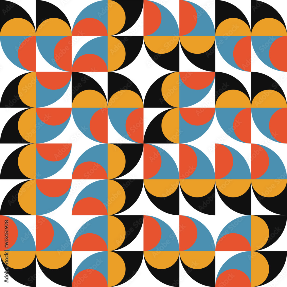Poster Geometric abstract vector seamless pattern with circles, rectangles and squares in retro Bauhaus style. Pastel colored simple shapes graphic background.