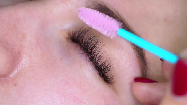 combing the extended eyelashes. Woman eye with beautiful makeup and long eyelashes. Mascara Brush. Eyelash Care Treatment: eyelash lifting, staining, curling, laminating and extension for lashes.
