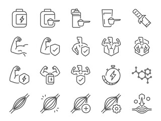 Whey protein icon set. It included muscle, strength, bodybuilding, fitness, and more icons. Editable Vector Stroke.
