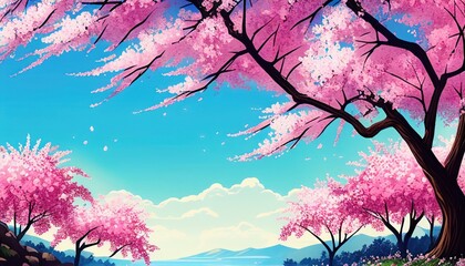 Cozy illustration of a pink tree leaves, sakura spring sky backdrop landscape