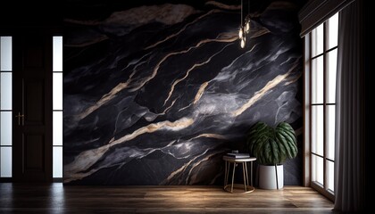 Dark modern interior with huge marble wall, premium luxury black design