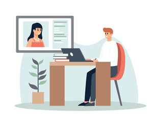 Smiling characters communicating online. Video calls in business. Remote job and freelancers. Collective virtual meeting with coworkers. Teamwork during quarantine. Vector