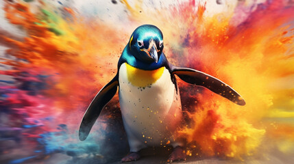 Penguin among explosions of multi colored paint. Multicolored fluid. AI Generative.
