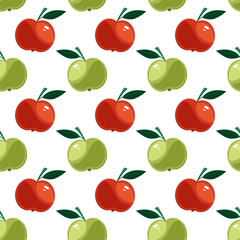 Vector cartoon pattern of whole red and green apples with leaves on white background