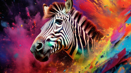 Zebra among explosions of multi colored paint. Multicolored fluid. AI Generative.