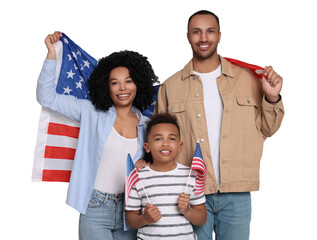 4th of July - Independence day of America. Happy family with national flags of United States on white background