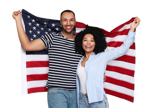 4th Of July - Independence Day Of America. Happy Couple With National Flag Of United States On White Background