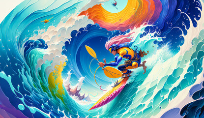 Adrenaline Rush: Extreme Surfer Conquering a Colorful Ocean Wave., Generative AI