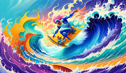 Obraz na płótnie Canvas Adrenaline Rush: Extreme Surfer Conquering a Colorful Ocean Wave., Generative AI