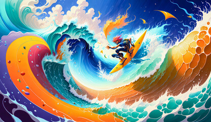 Fototapeta na wymiar Adrenaline Rush: Extreme Surfer Conquering a Colorful Ocean Wave., Generative AI