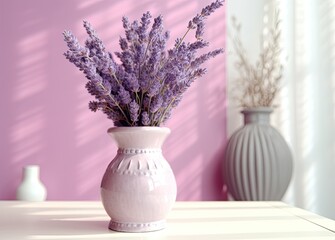 Romantic background. Fresh natural lavender in a pink cup against a white wall background. Side view, space for text. Created with Generative AI technology.
