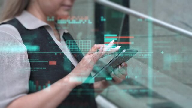 Technology data concept. Data analytics background on laptop computer with business information animation. 