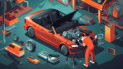 Vector sector showing a car mechanic doing engine maintenance. In a car repair shop , Generative AI