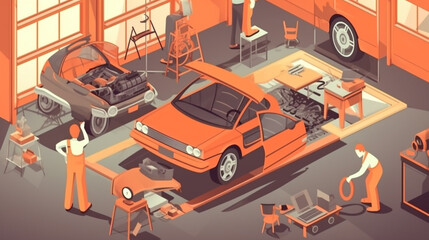 The vector sector shows a comprehensive car maintenance service center. with tools and equipment used for work , Generative AI