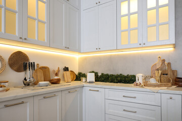 Kitchen countertop with festive decor. Christmas celebration