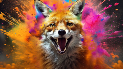 Fox among explosions of multi colored paint. Multicolored fluid. AI Generative.
