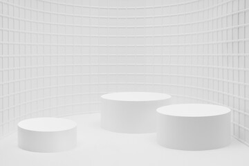 White abstract stage mockup as curved niche, three cylinder podiums, soft light tiny mosaic tile in simple style, template for presentation cosmetic products, spa, goods, advertising, showcase.
