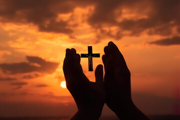 Man hands palm up praying and worship of cross, eucharist therapy bless god helping, hope and faith, christian religion concept on sunset background.
