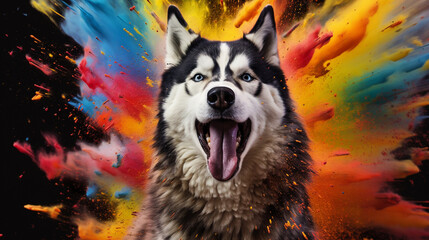 Husky among explosions of multi colored paint. Multicolored fluid. AI Generative.
