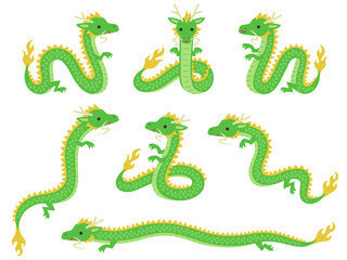 色々なポーズの緑色の龍のキャラクターのイラストセット