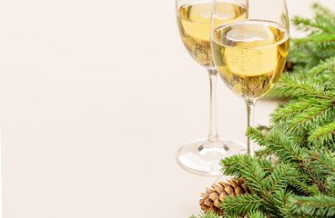 Xmas fir tree branch, champagne and space