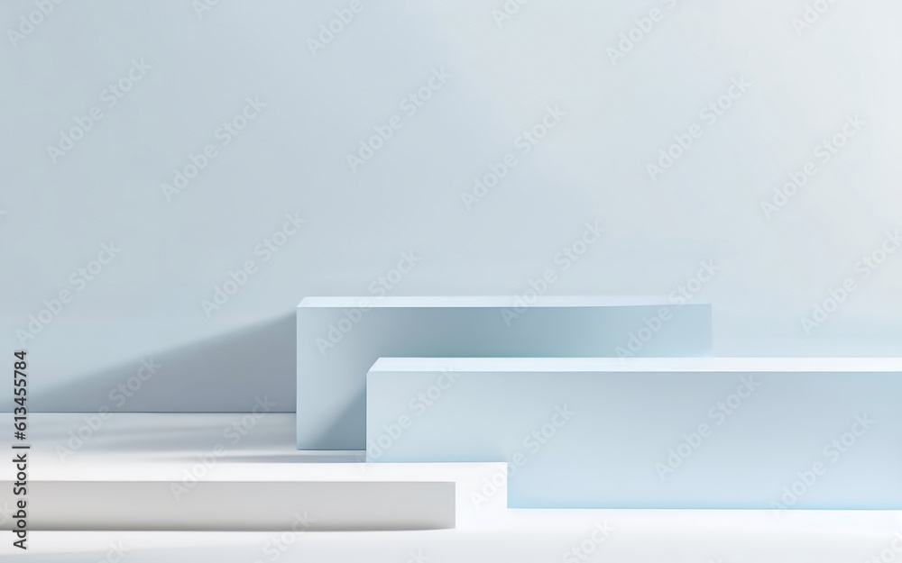 Poster Beautiful minimalistic light blue background for product presentation with podiums on different tiers.