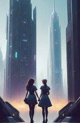 two happy girls stand holding hands on the background of the city of the future