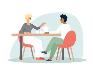 Fototapeta premium Colored cartoon multinational couple meeting and talking. Colleagues having conversation in modern restaurants. Friends spending time together in cafe. Vector
